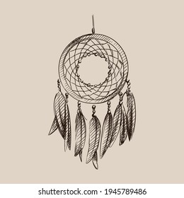 Hand drawn sketch of Amulet of the Dream catcher on a white background. Dream catcher amulet. Spider. amulet for good dreams 