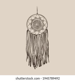 Hand drawn sketch of Amulet of the Dream catcher on a white background. Dream catcher amulet. Spider. amulet for good dreams 