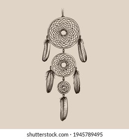 Hand drawn sketch of Amulet of the Dream catcher on a white background. Dream catcher amulet. Spider. amulet for good dreams 