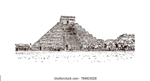 Hand drawn sketch of The ancient Pyramid of Kukulcan, or El Castillo, in Chichen Itza, Mexico in vector.