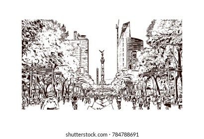 Hand drawn sketch of The Angel of Independence stands in the center of a roundabout in Mexico City, Mexico in vector.