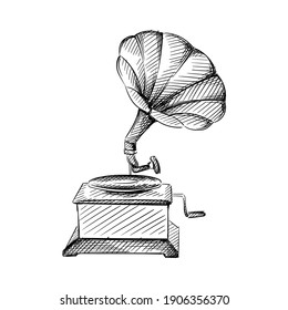 Hand drawn sketch of antique gramophone on a white background. Wedding theme. Celebration and festivities. Accessories for wedding