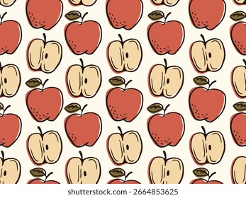 Dibujado a mano patrón de Vector de frutas en rodajas de manzana. Frutas tropicales naturales del otoño.