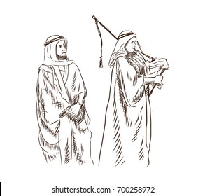 Hand drawn sketch of Arabic marriage music by man with standing man in vector illustration.