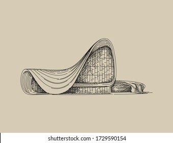 Hand drawn sketch of architectural landmark - Heydar Aliyev Center, Azerbaijan, Baku