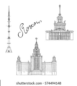 Hand drawn sketch architecture illustration of ENEA central pavilion, Moscow State University, Ostankino television tower Moscow Russia with lettering vector