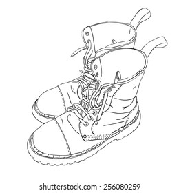 Hand drawn sketch with army boots. Vector illustration