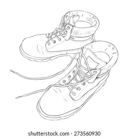 Hand drawn sketch with army boots. Vector illustration