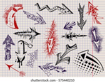 hand drawn sketch of arrow on notebook sheet set, vector illustration