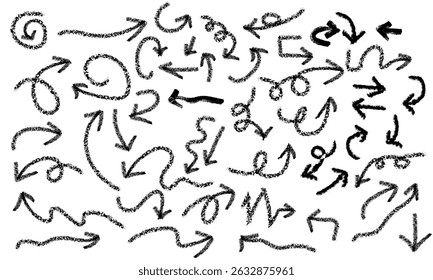 Hand drawn sketch arrow set with curved, swirly, and zigzag doodle arrows in black on white background

