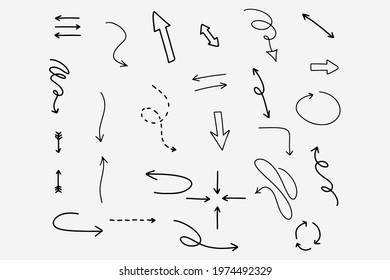Hand drawn sketch arrows in black. Handwritten arrows set in doodle style. Curve drawing pointer symbol. Direction collection in black