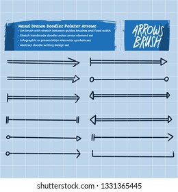 Hand drawn sketch arrows design elements. Arrows brush stroke set of different variations.