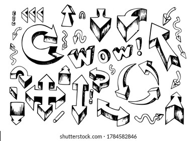 Hand drawn sketch the arrows pack features lots of unique arrows that have a 3 D effect to them. Arrows vector set. Commercial and personal use is okay. Isolated illustration on white background