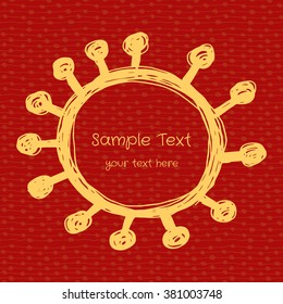 Hand Drawn sketch art. Scribble circle sun on dark red background with hand-drawn scrolls, vector design elements in doodle style with inscription.