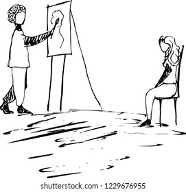 Hand Drawn, Sketch. Artist In Front Of Easel And Model