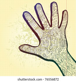hand drawn sketch hand artwork filled with abstract tattoo like pattern of shapes and arrows