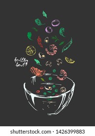 Hand drawn sketch of asian food ingredients falling into a glass bowl. Greens, mushrooms, prawn, onion rings, chili, sweet peas, salmon, egg, lemon. Spicy tom yum soup recipe.