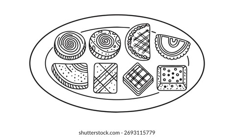 Hand drawn sketch of assorted desserts served on oval plate elegant presentation food art vector