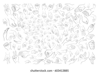 Hand Drawn Sketch of Assorted Hand Signs Gestures or Body Language Set Isolated on White Background.
