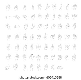 Hand Drawn Sketch of Assorted Hand Signs Gestures or Body Language Set Isolated on White Background.