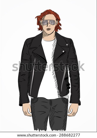 Hand drawn sketch of attractive young man isolated on background. Vector version