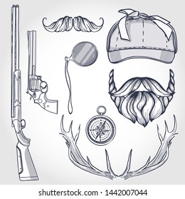 Hand drawn sketch, attributes of hunter icons