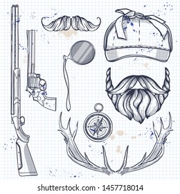 Hand drawn sketch, attributes of hunter on a notebook page