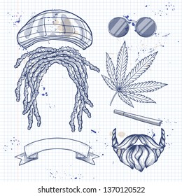 Hand drawn sketch, attributes of rastaman with dreadlocks on a notebook page