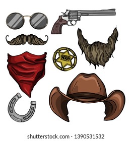 Hand drawn sketch, attributes of sheriff: revolver, hat, horseshoe, lasso, hunt for wanted