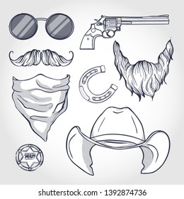 Hand drawn sketch, attributes of sheriff: revolver, hat, horseshoe, lasso, hunt for wanted
