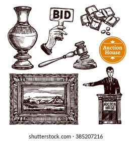 Hand drawn sketch auction set with rare picture vase bid money hammer and manager isolated vector illustration 