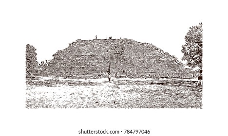 Hand drawn sketch of Avenue of Dead and Sun Pyramid, Temple of Sun Teotihuacan, Mexico City Mexico in vector.