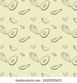 Hand drawn sketch avocado outline of half, slised with seed, leaves on yellow background. Vector illustration can used for wrapping paper, banner and cover design. 