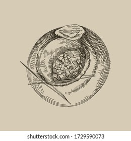 Hand drawn sketch of azeri tandir bread pita or pide bread dough. Tandir hanging and baking in the clay oven. Top view of the clay oven with tandir bread inside. Coal and fireplace poker	