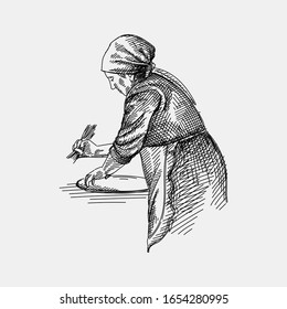 Hand drawn sketch of azeri woman making tandir bread, pita or pide bread dough. Old woman. The making of tandir bread svg