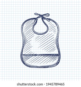 Hand drawn sketch of baby feeding bib on a white background. Black and white sketch of baby bib. Baby items.	
