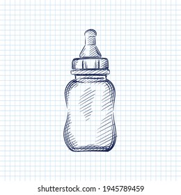 Hand Drawn Sketch Of Baby Milk Bottle With Pacifier On A White Background. Black And White Sketch Of Milk Bottle For Babies. Baby Items.	
