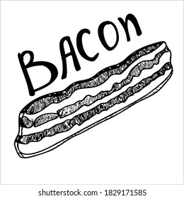 Hand drawn or sketch of bacon on a white background. Bacon illustration, drawing, engraving, ink, line art. Detailed image in retro style. Vintage sketch element for label, packaging and card design. 