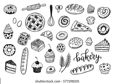 Hand Drawn Sketch Bakery Set. Food, Cooking, Sweets, Pastry Design