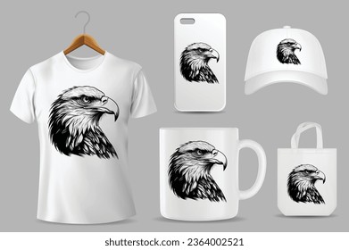 Hand Drawn Sketch Bald Eagle Illustration On Different Product Templates