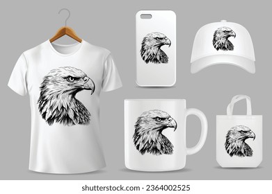 Hand Drawn Sketch Bald Eagle Illustration On Different Product Templates
