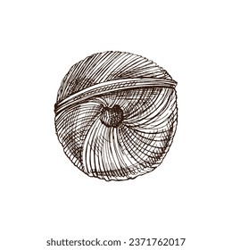 Hand drawn sketch of ball of threads. Handmade, knitting equipment concept in vintage doodle style. Engraving style.