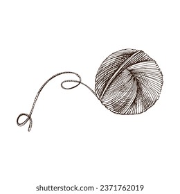 Handgezeichnete Skizze aus dem Ball der Fäden. Handgefertigte Strickgerätekonzepte im Vintage-Doodle-Stil. Gravur-Stil.