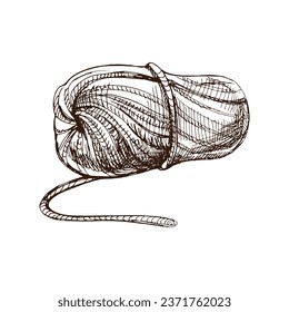 Hand drawn sketch of ball of threads. Handmade, knitting equipment concept in vintage doodle style. Engraving style.