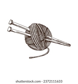 Hand drawn sketch of ball of threads, wool, knitting needles. Handmade, knitting equipment concept in vintage doodle style. Engraving style.