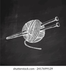 Hand drawn sketch of ball of threads, wool, knitting needles on chalkboard background. Handmade, knitting equipment concept in vintage doodle style. Engraving style.