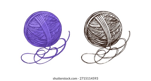 Dibujado a mano boceto de bola de hilos. Hecho a mano, concepto de equipo de tejer en estilo vintage doodle. Estilo de grabado.
