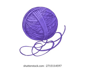 Hand drawn sketch of ball of threads. Handmade, knitting equipment concept in vintage doodle style. Engraving style.
