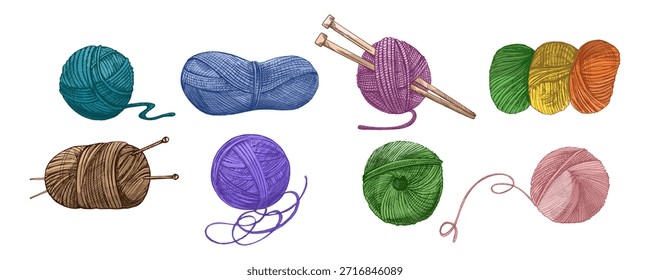 Hand drawn sketch of ball of threads, wool, knitting needles. Handmade, knitting equipment concept in vintage doodle style. Engraving style.