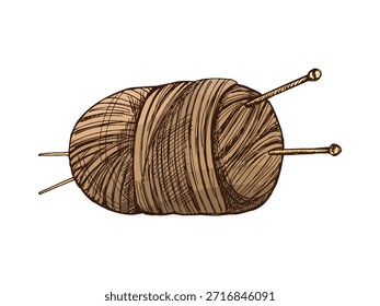 Esboço desenhado à mão de bola de fios, lã, agulhas de tricô. Artesanato, tricô conceito de equipamentos no estilo vintage doodle. Estilo de gravação.